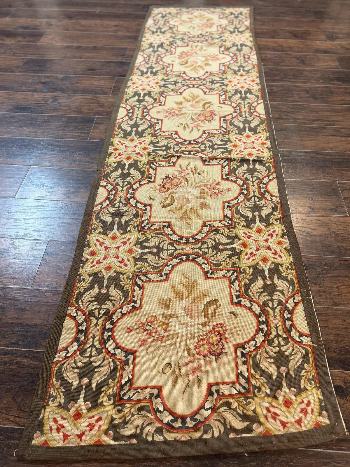 Needlepoint Runner Rug 2.7 x 9.7, European French Design, Wool, Handmade, Vintage - Jewel Rugs, view 2