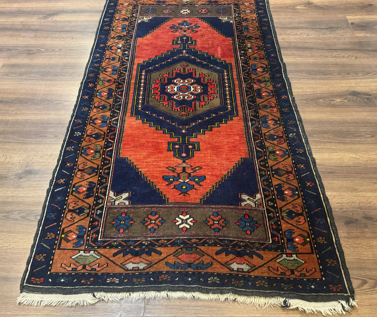 Persian Rug 3x6, Geometric Medallion, Village Tribal Rug, Terracotta and Navy Blue, Antique Nahavand Hamadan Rug - Jewel Rugs, view 6