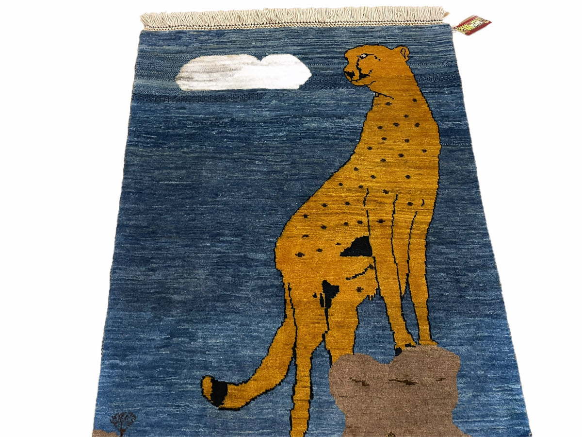 3 x 5 Handmade New Vintage Wool Blue Rug Leopard Lion Jaguar Deer Organic Dyes - Jewel Rugs, view 5