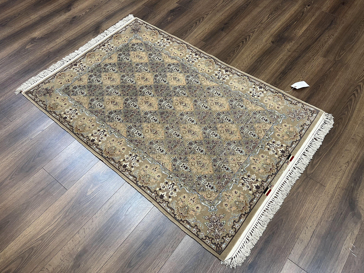 Super Fine Persian Isfahan Rug 3x5 ft, Kork Wool on Silk Foundation, Repeated Floral Motif, Taupe Tan Hand Knotted Oriental Carpet 3 x 5 ft, Signed - Jewel Rugs, view 13