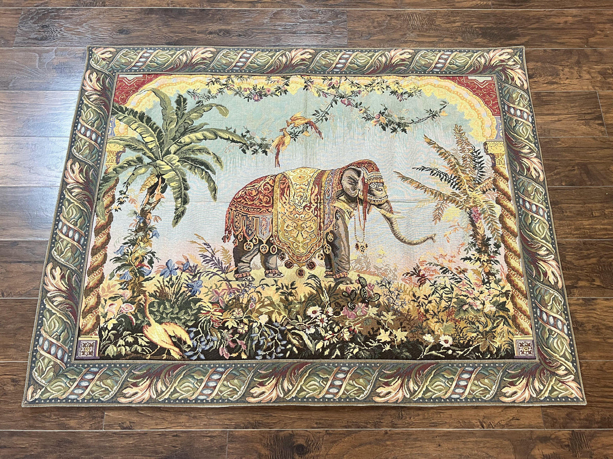 Vintage Tapestry 4 x 5.6, Adorned Elephant Pictorial - Jewel Rugs
