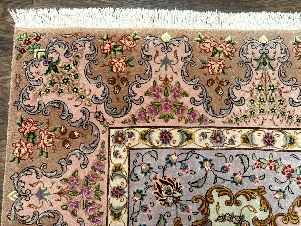 Wonderful Persian Tabriz Rug 7x10, Very Fine 330 KPSI, Light Green Light Blue Pink, Kork Wool Silk Foundation, Bird Pictorials - Jewel Rugs, view 7