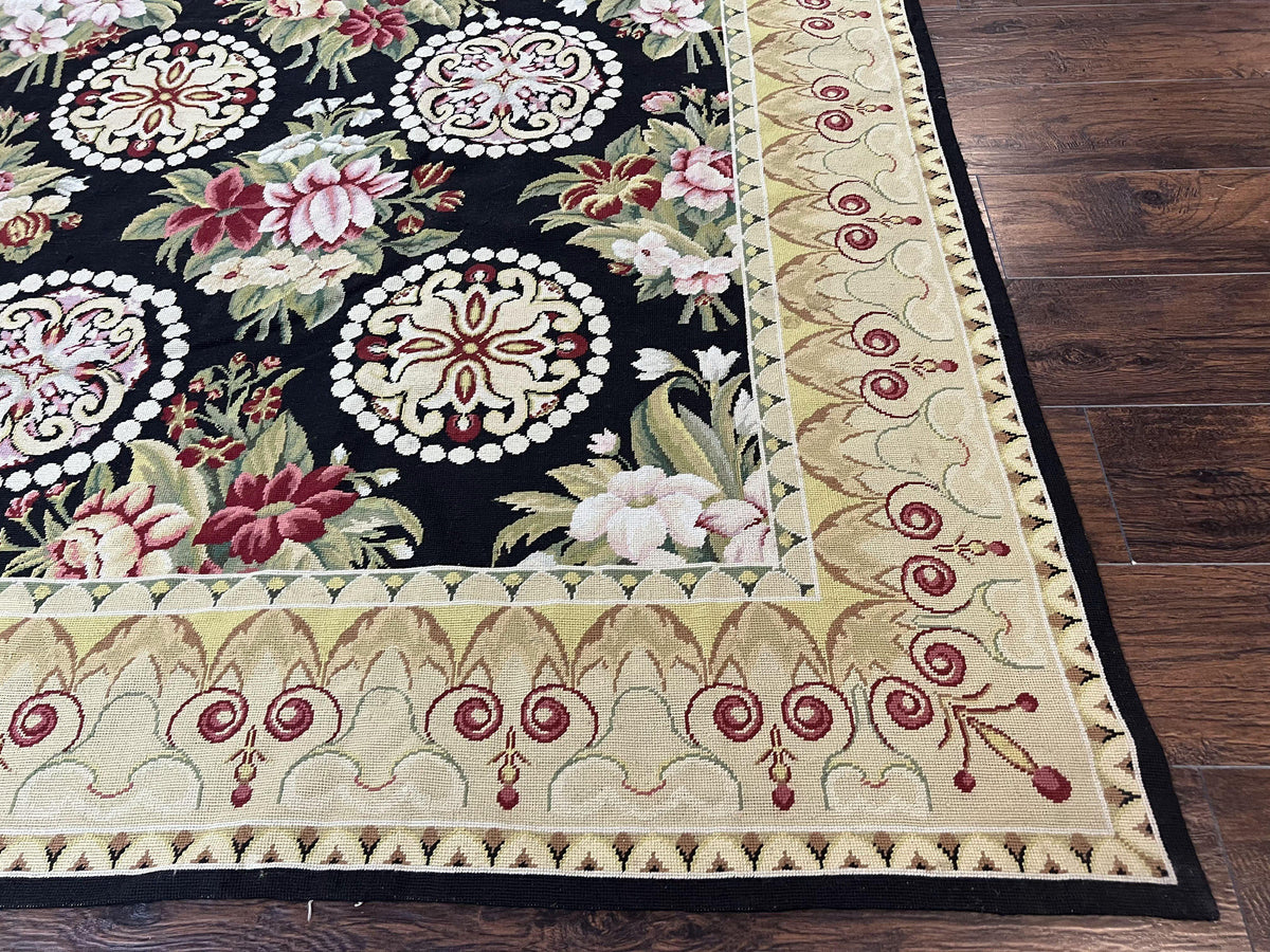 9x12 Black Needlepoint Rug, European Floral Panel Design, Handwoven, Vintage Chinese Needlepoint, Black Green Beige, Wool Rug 9 x 12 - Jewel Rugs, view 10
