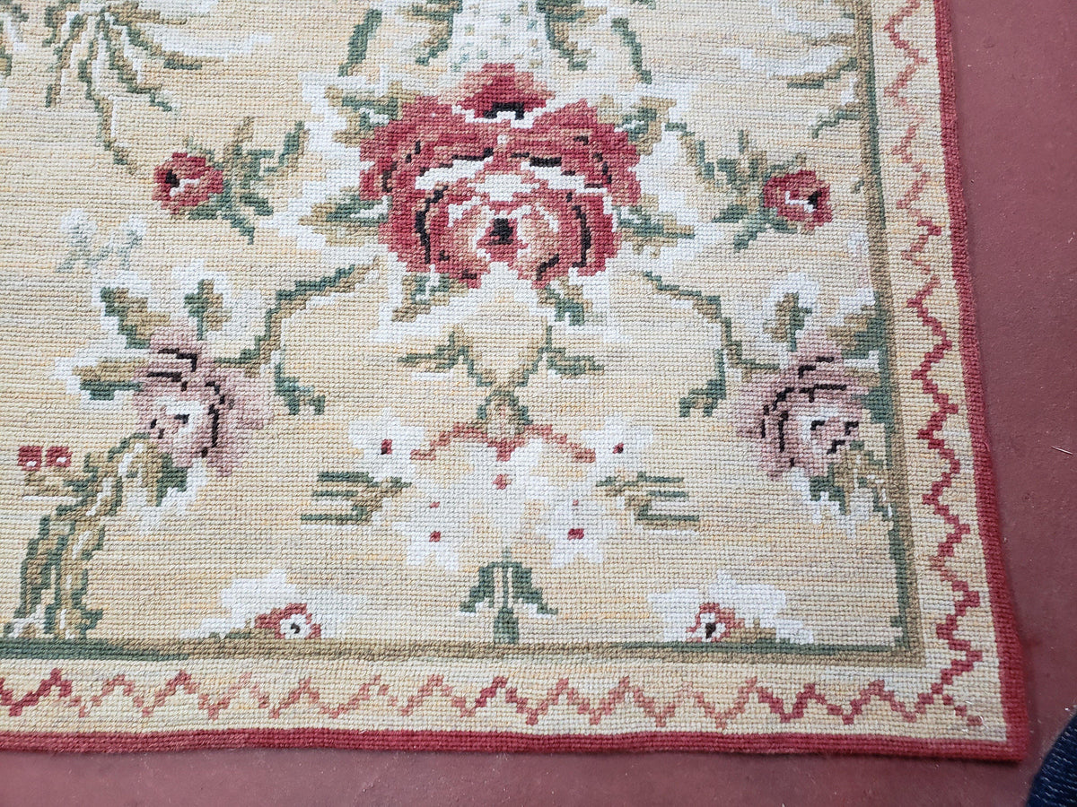 Needlepoint Rug 10x14 Wool Flatweave Carpet, English Floral Pattern, Pale Yellow, Roses, Allover Pattern, Handmade Large Needlepoint Nice - Jewel Rugs, view 10