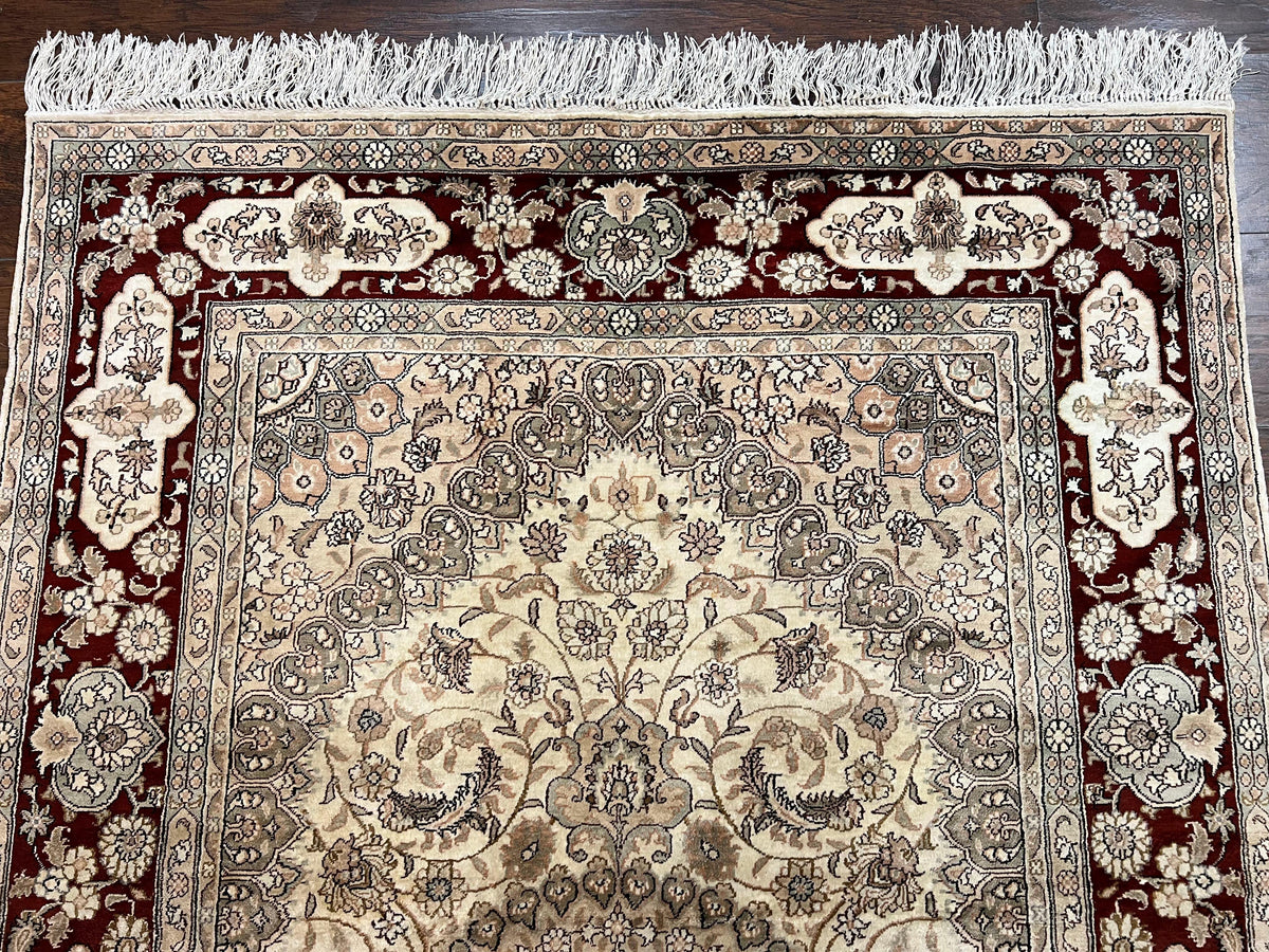 Silk Indian Kashmiri Rug 4x6 ft, Floral Medallion Hand Knotted Handmade Oriental Carpet, Vintage, Cream Burgundy, Very Fine Silk Rug 4 x 6 - Jewel Rugs, view 3