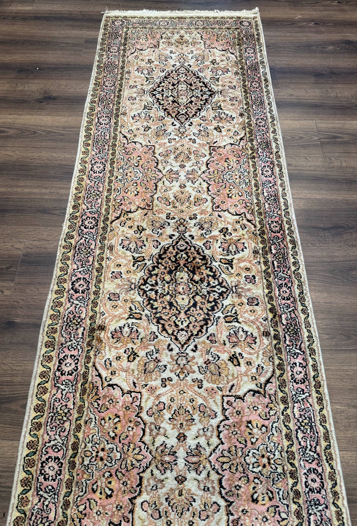 Silk Indian Kashmiri Runner Rug 2.7 x 9.8, Floral Medallions - Jewel Rugs, view 3