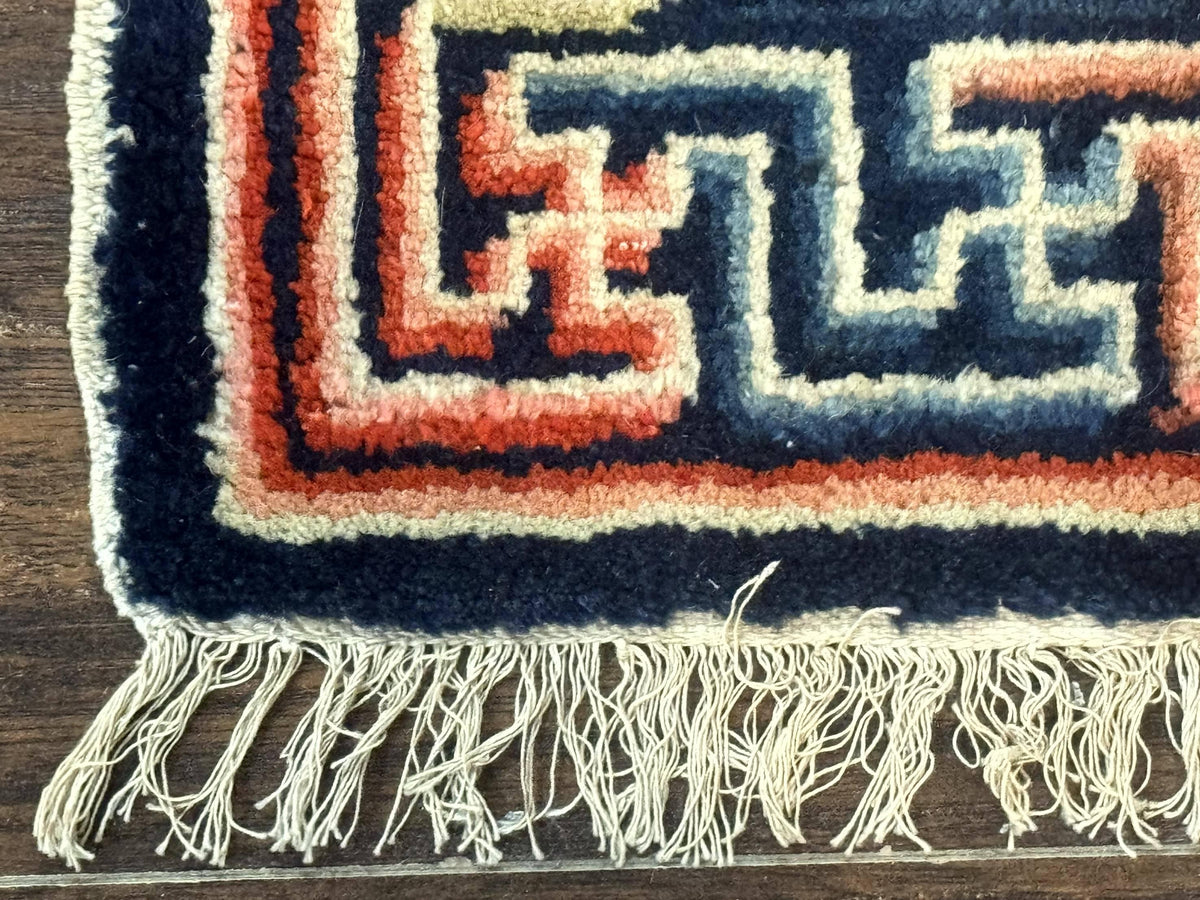 Small Antique Chinese Rug 2x2, Red Blue Square Rug Mat, Handmade, Tibetan Rug - Jewel Rugs, view 9
