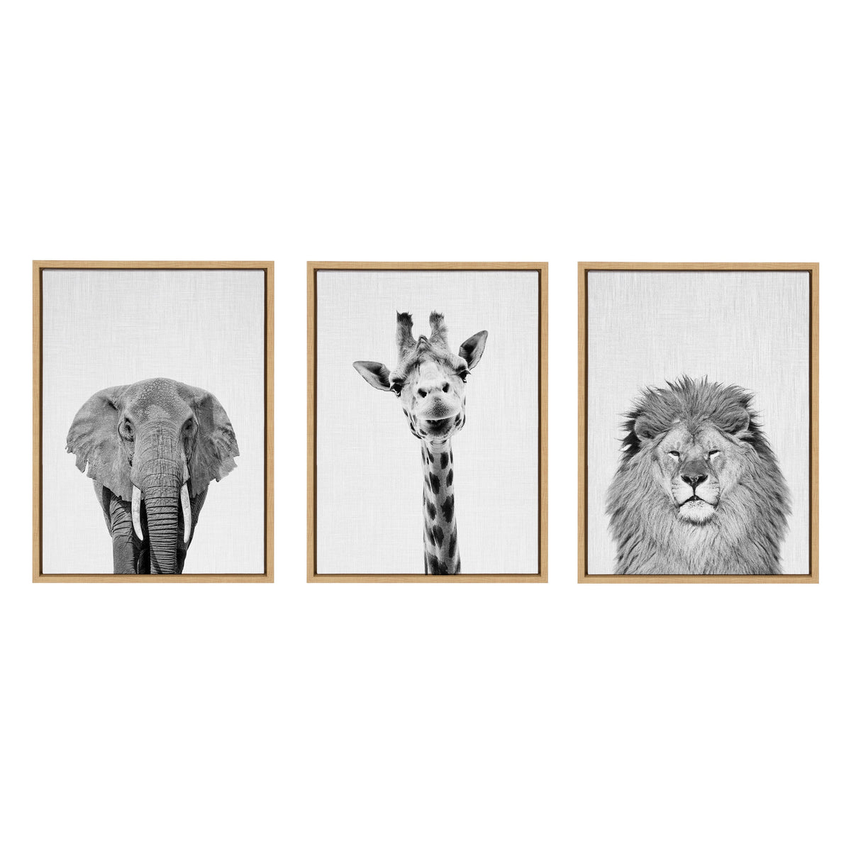 Sylvie Elephant Giraffe and Lion Framed Canvas by Simon Te of Tai Prints