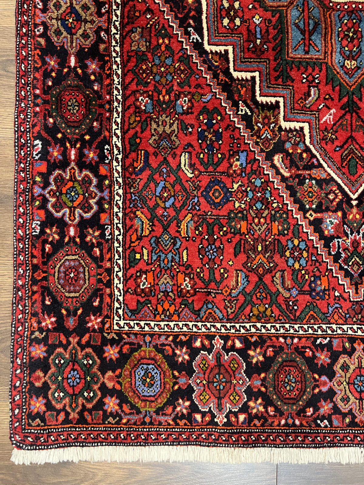 Fine Persian Bidjar Rug 3x5 ft, Ruby Red and Black, Geometric Medallion, Hand Knotted Semi Antique Oriental Bijar Carpet, Wool Area Rug, Tribal Rug - Jewel Rugs, view 9