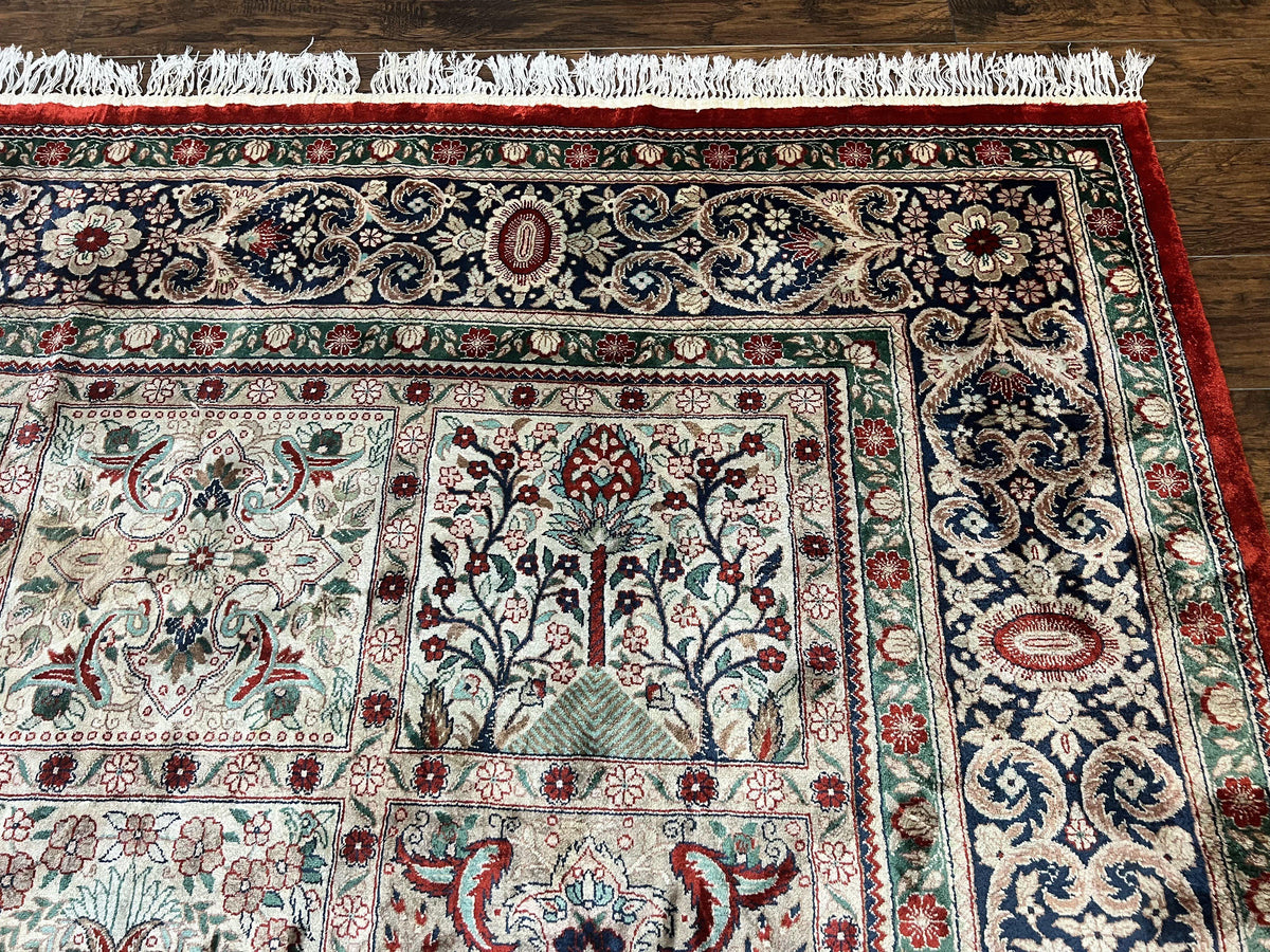 Silk Sino Persian Rug 9x12, Panel Design, Garden of Eden Pattern, Fine 200 KPSI, Hand Knotted Room Sized Silk Carpet, Vintage - Jewel Rugs, view 8