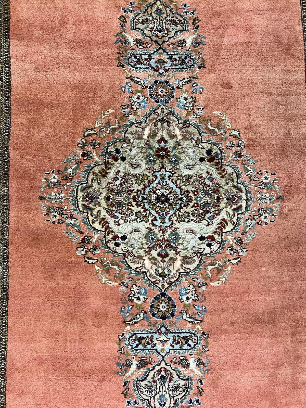 Persian Tabriz Rug 10x13, Wool Hand Knotted Vintage Carpet, Salmon Red & Ivory, Semi Open Field, Birds & Animal Motifs, Large Rug - Jewel Rugs, view 4