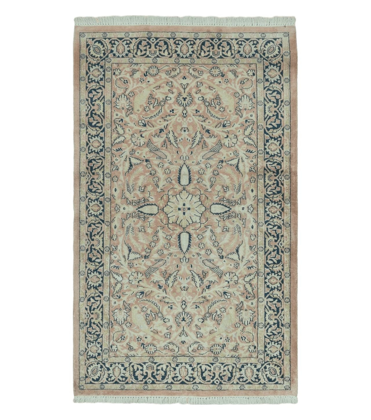 Indian Silk Rug 4x6, Indian Kashmiri Silk Carpet 4 x 6 ft, Vintage Hand Knotted Floral Bird Motifs, Light Pink and Navy Blue, Silk on Cotton - Jewel Rugs