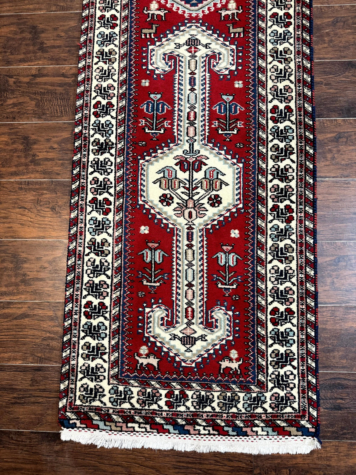 Indo Persian Runner Rug 2.6 x 12, Heriz Geometric Caucasian Design, Animal Pictorials, Tribal Runner Rug, Vintage Handmade Wool Red - Jewel Rugs, view 5