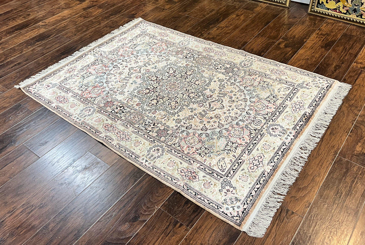 Silk Indian Kashmiri Rug 4x6, Handmade, Ivory, Fine 240 KPSI - Jewel Rugs, view 2