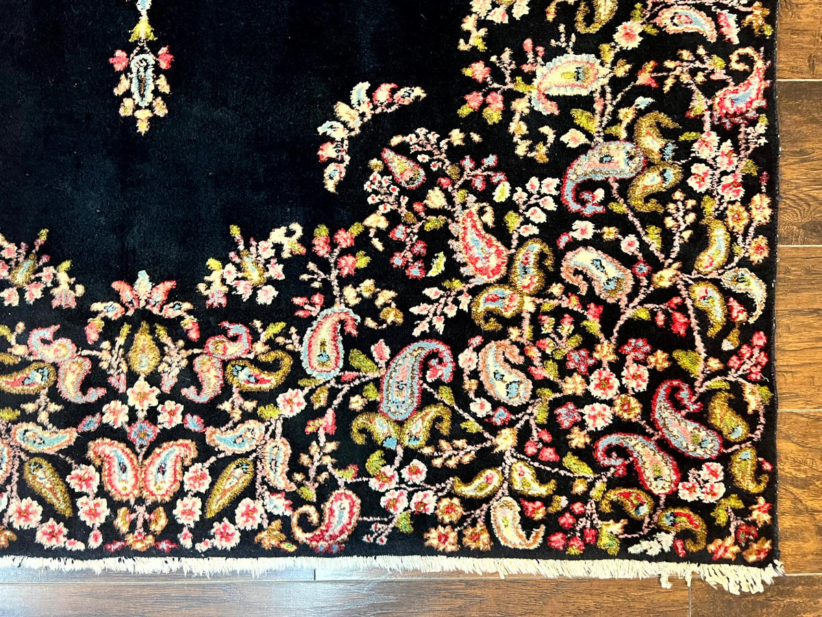 Antique Persian Kirman Rug 5x8, Floral Kirman, Midnight Blue/Black, Semi Open Field, Handmade Vintage Wool Carpet - Jewel Rugs, view 10