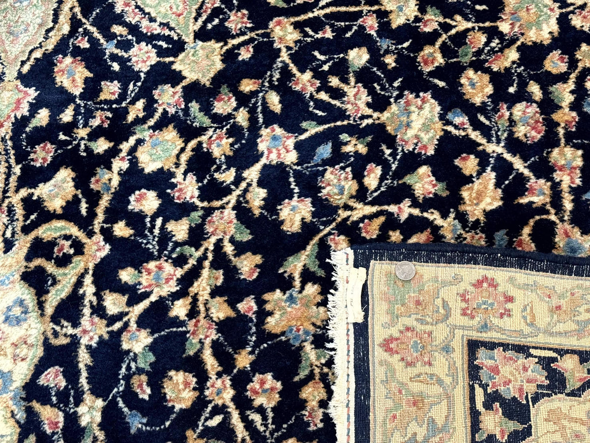Large Persian Kerman Rug 10x14, Navy Blue and Beige, Floral Medallion, Traditional Elegant Persian Carpet, Signed by Masterweaver - Jewel Rugs, view 10