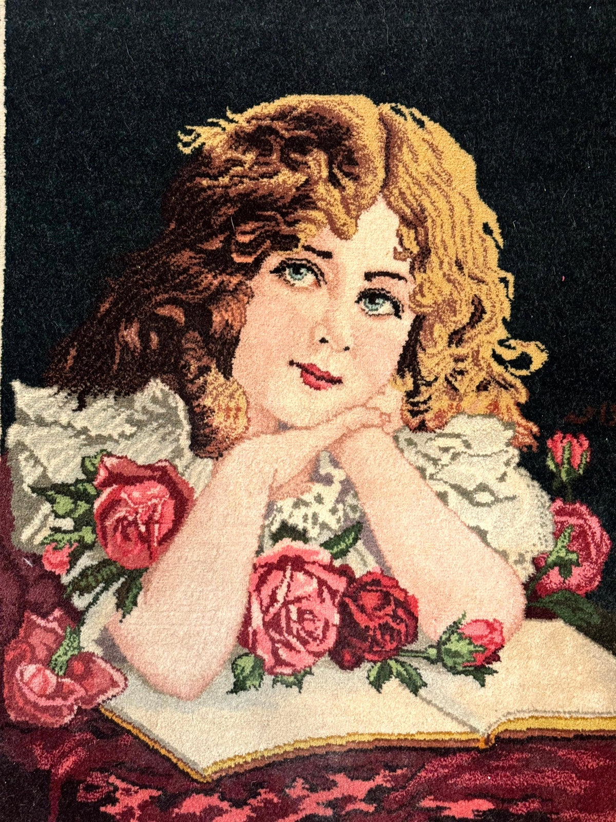 Small Persian Tabriz Pictorial Rug of Young Girl, Very Fine 380 KPSI, Portrait of Young Lady with Roses, Handmade, Persian Rug for Wall Hanging - Jewel Rugs, view 5
