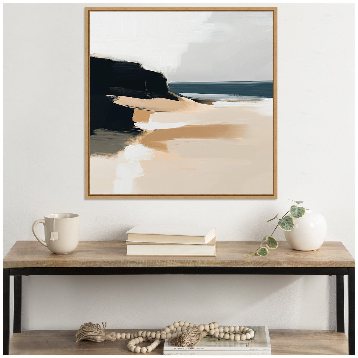 Sylvie Coastal Sand Modern Abstract Landscape I Framed Canvas by The Creative Bunch Studio