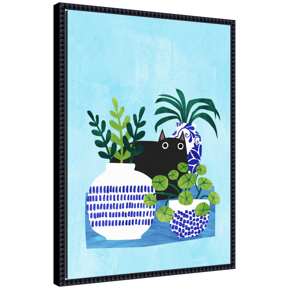 Blue Pots by Planet Cat Framed Canvas Wall Art Print