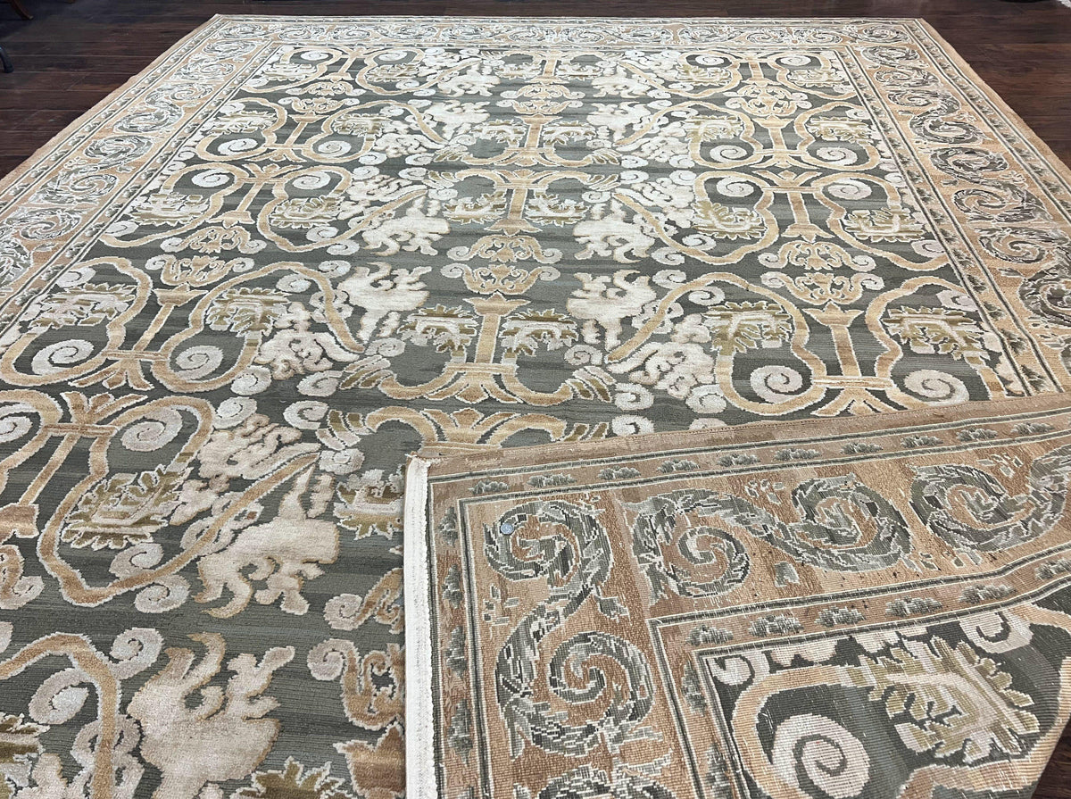 Spanish Rug 11x14, Wool Hand Knotted Vintage Carpet, Olive Green and Beige, Floral Allover, European Design, 11 x 14 Rug - Jewel Rugs, view 12