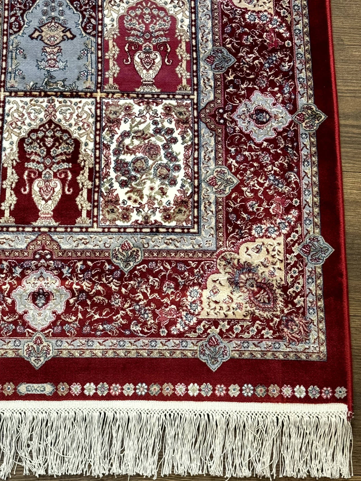Turkish Silk Runner Rug 2.6 x 11.6, Panel Design, Dark Red Ivory, Bamboo Silk, New - Jewel Rugs, view 9