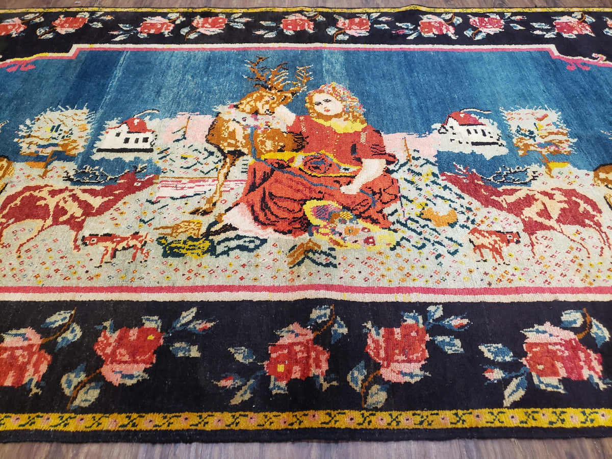 Antique Persian Pictorial Rug 4'6" x 9', Wool Hand-Knotted Blue Roses Karabagh Caucasian Carpet, 1920s Girl Deer Tapestry Wall Hanging Rug - Jewel Rugs, view 4