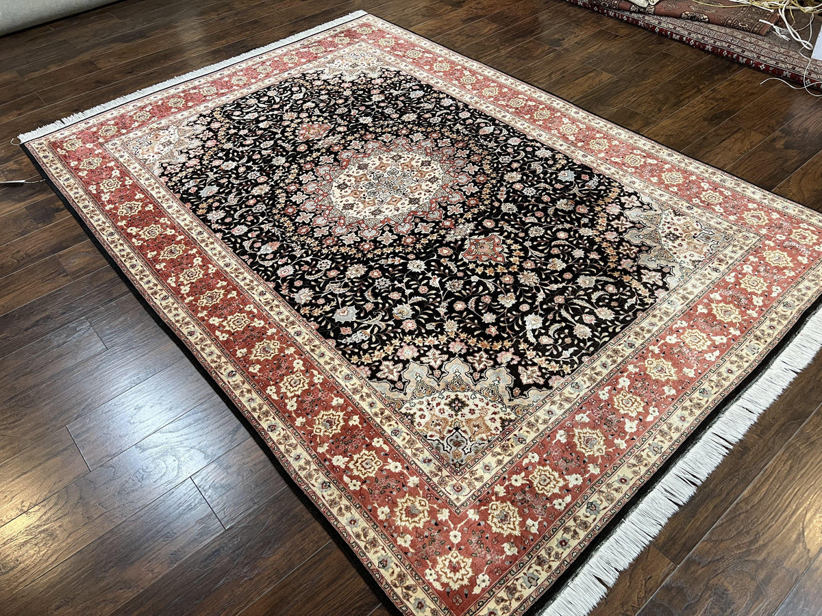 Marvelous Persian Tabriz Rug 7x10 ft, Super Fine 50 Raj, 300+ KPSI, Black and Rust Red, Floral Medallion Handmade Wool Oriental Carpet, Top Quality - Jewel Rugs, view 4