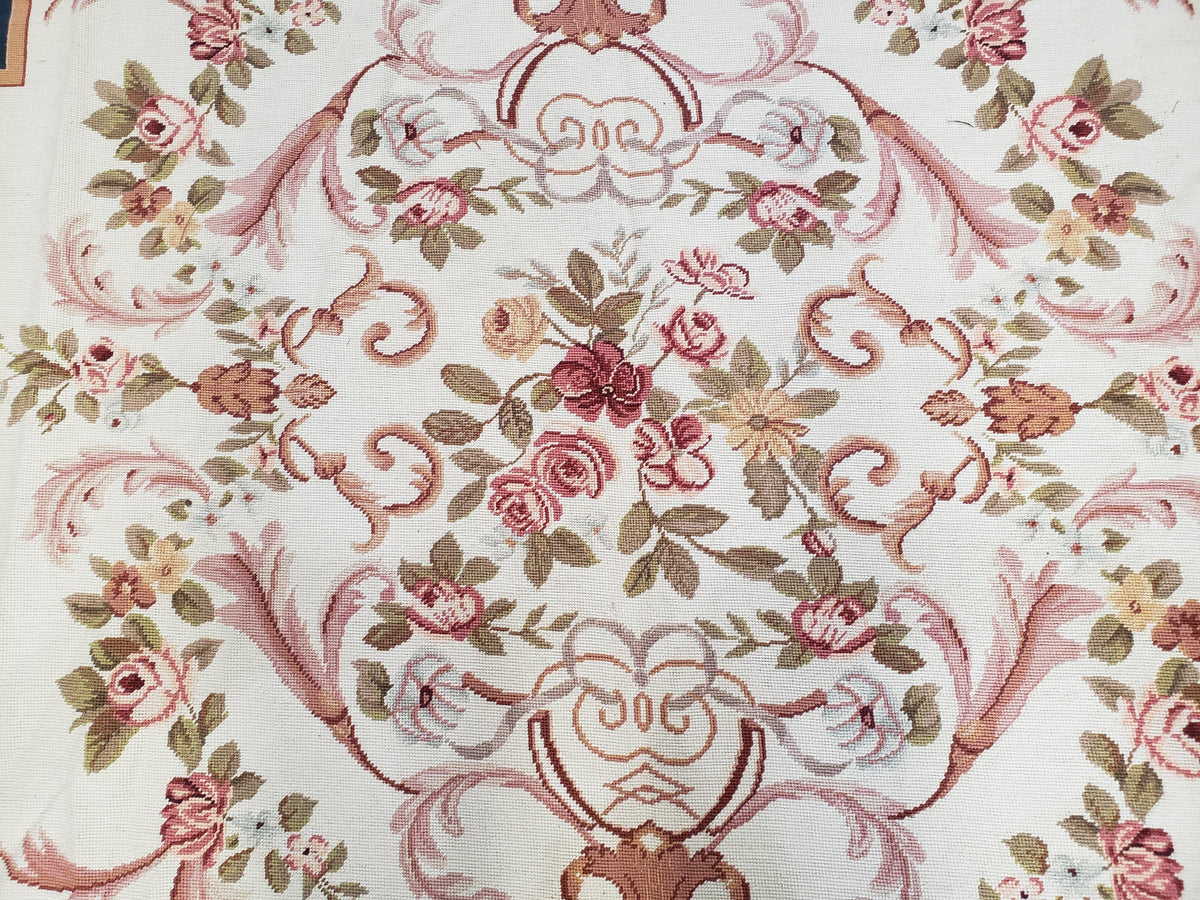 Chinese Aubusson Savonnerie Area Rug 6x8, Vintage Hand-Woven Needlepoint Rug, Flat Weave Handmade Wool Carpet Living Room Ivory & Navy Blue - Jewel Rugs, view 4