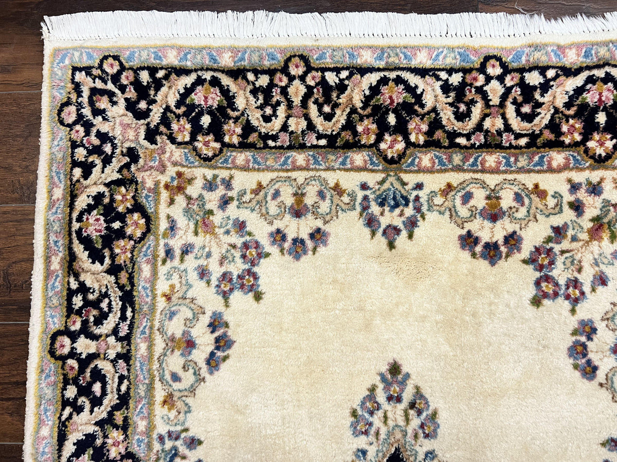 Persian Kirman Rug 4x7, Wool Hand Knotted Antique Carpet, Beige, Semi Open Field Medallion Rug, Traditional Handmade Oriental Rug - Jewel Rugs, view 7