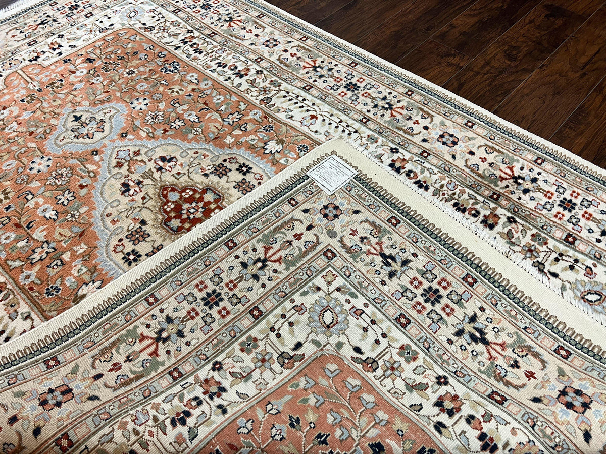 Indo Persian Rug 6x9, Wool Hand Knotted Vintage Carpet, Salmon & Ivory, Traditional Oriental Rug 6 x 9 - Jewel Rugs, view 13