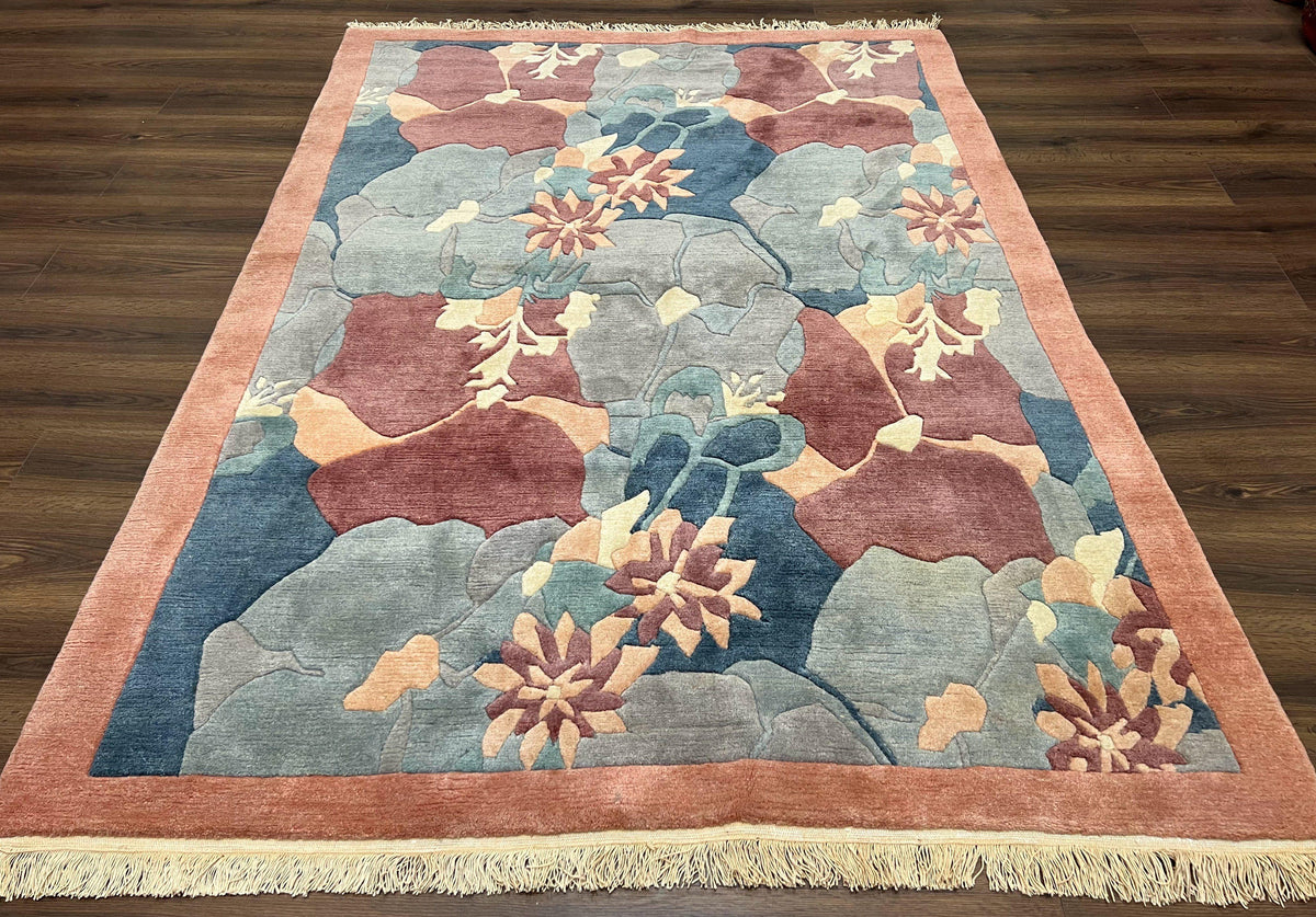 Modern Tibetan Rug 5.7 x 7.9, Abstract Multicolor Flower Pattern, Navy Blue Maroon Salmon, Soft Wool, Hand Knotted Contemporary Carpet 6x8 - Jewel Rugs, view 2