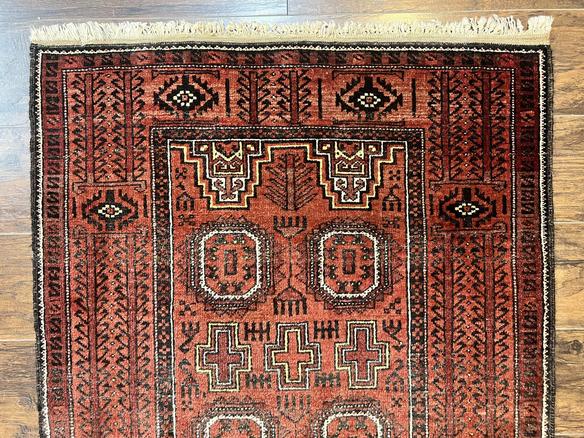 Antique Persian Turkoman Rug 3x6, Wool Tribal Handmade Carpet, Red and Black - Jewel Rugs, view 4