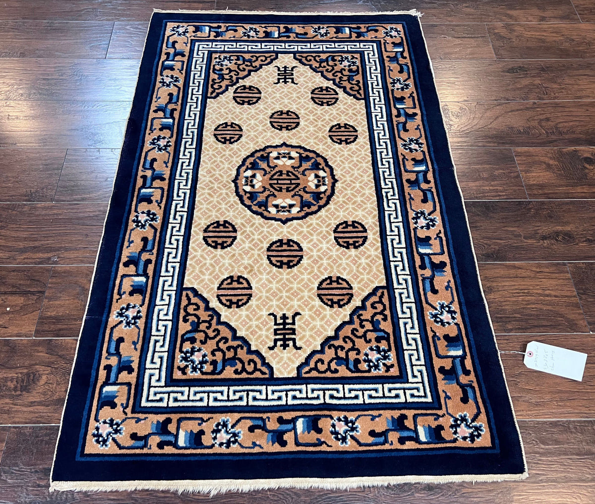 Chinese Peking Rug 3x5, Antique Chinese Art Deco Carpet, Blue Ivory Tan, Hand Knotted Wool Asian Oriental Rug 3 x 5 Vintage Small Peking Rug - Jewel Rugs, view 2