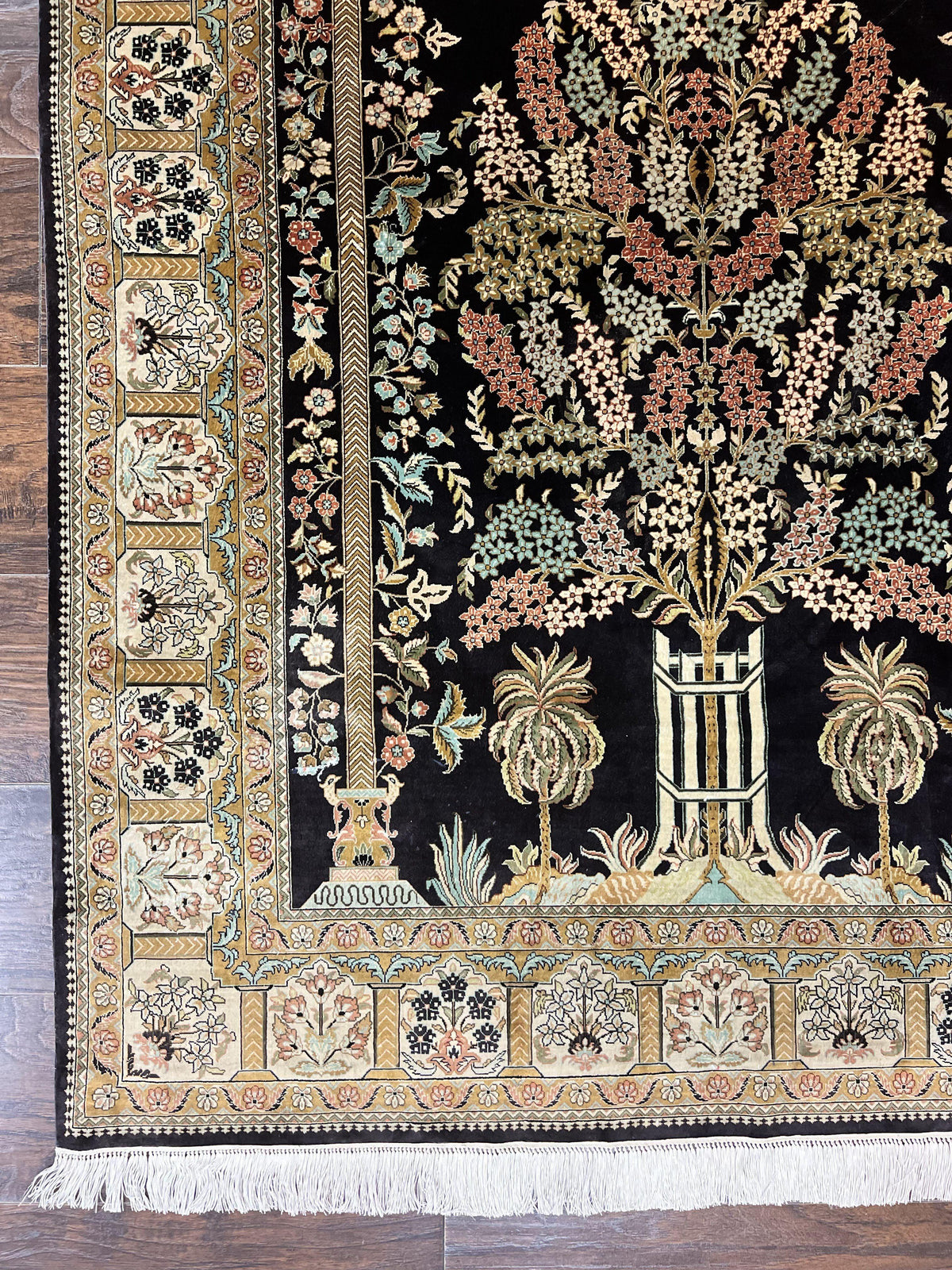 Wonderful Sino Persian Silk Rug 4x6, Tree of LIfe Design, Masterpiece 575 KPSI, Birds, Prayer Rug, Black, Silk on Silk - Jewel Rugs, view 7