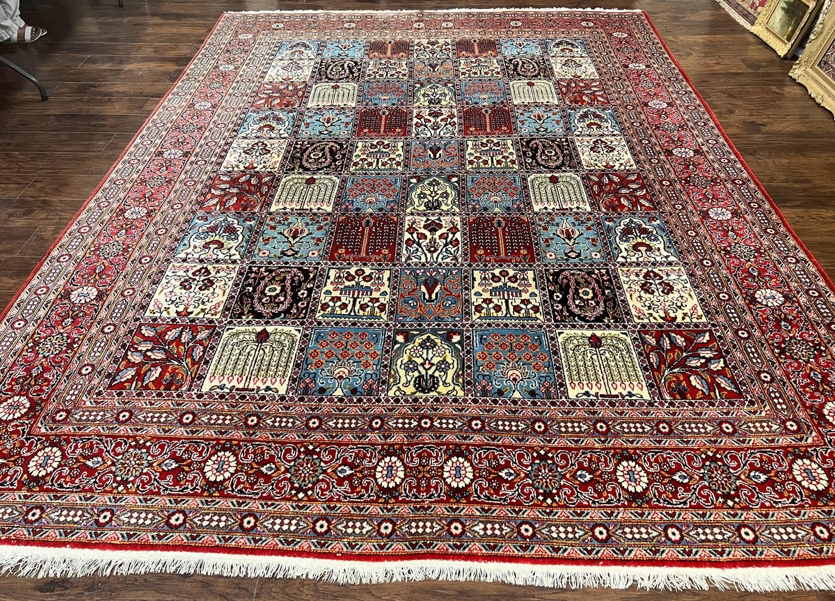Persian Qum Rug 9x13, Multicolor Panel Design, Red Blue Cream, Hand Knotted Vintage Large Wool Rug - Jewel Rugs