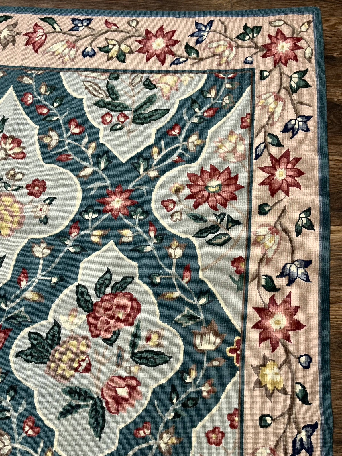 Teal Needlepoint Rug 6x9, Panel Design, Floral Bouquets, Handmade - Jewel Rugs, view 8