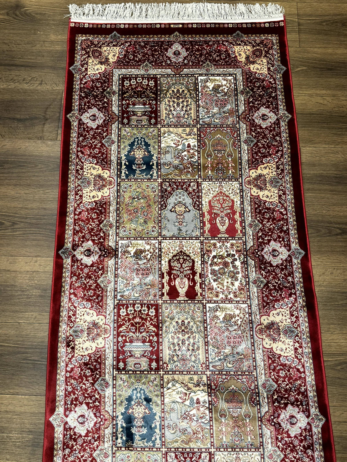 Turkish Silk Runner Rug 2.6 x 11.6, Panel Design, Dark Red Ivory, Bamboo Silk, New - Jewel Rugs, view 3