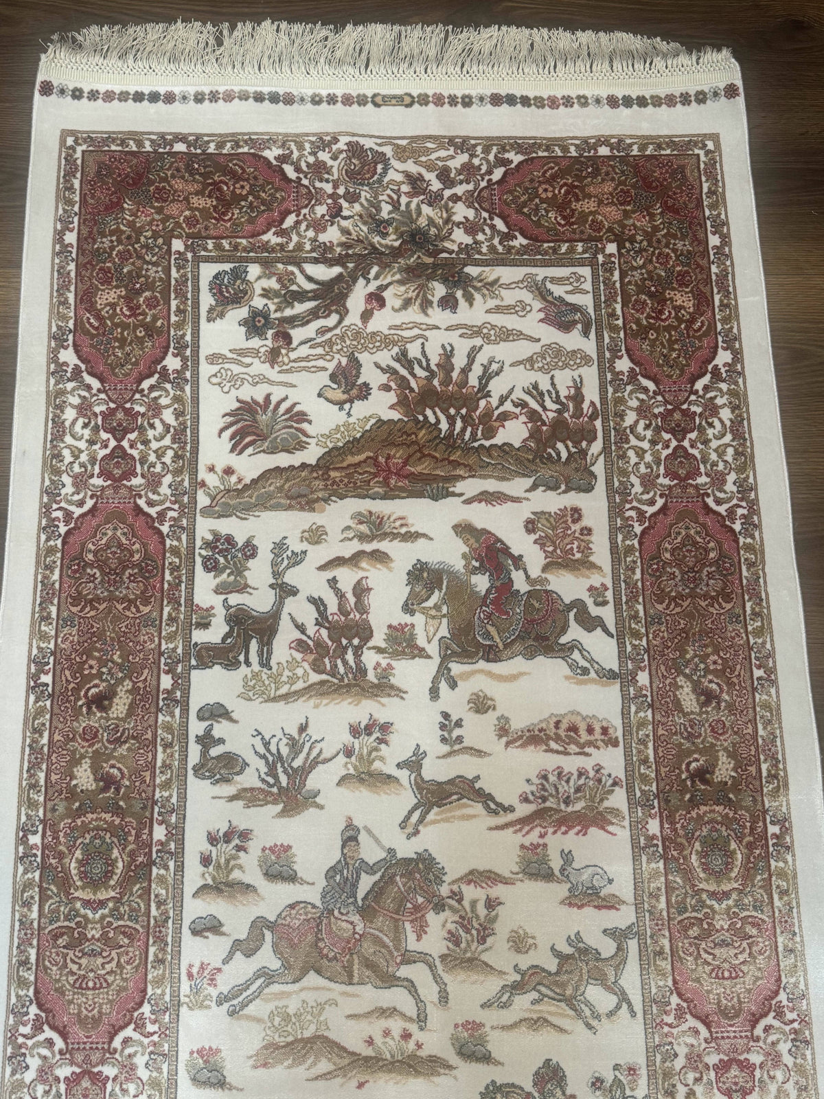 Long Turkish Silk Runner Rug 2.6 x 16.5, Hunting Design, Ivory, Bamboo Silk, New - Jewel Rugs, view 2