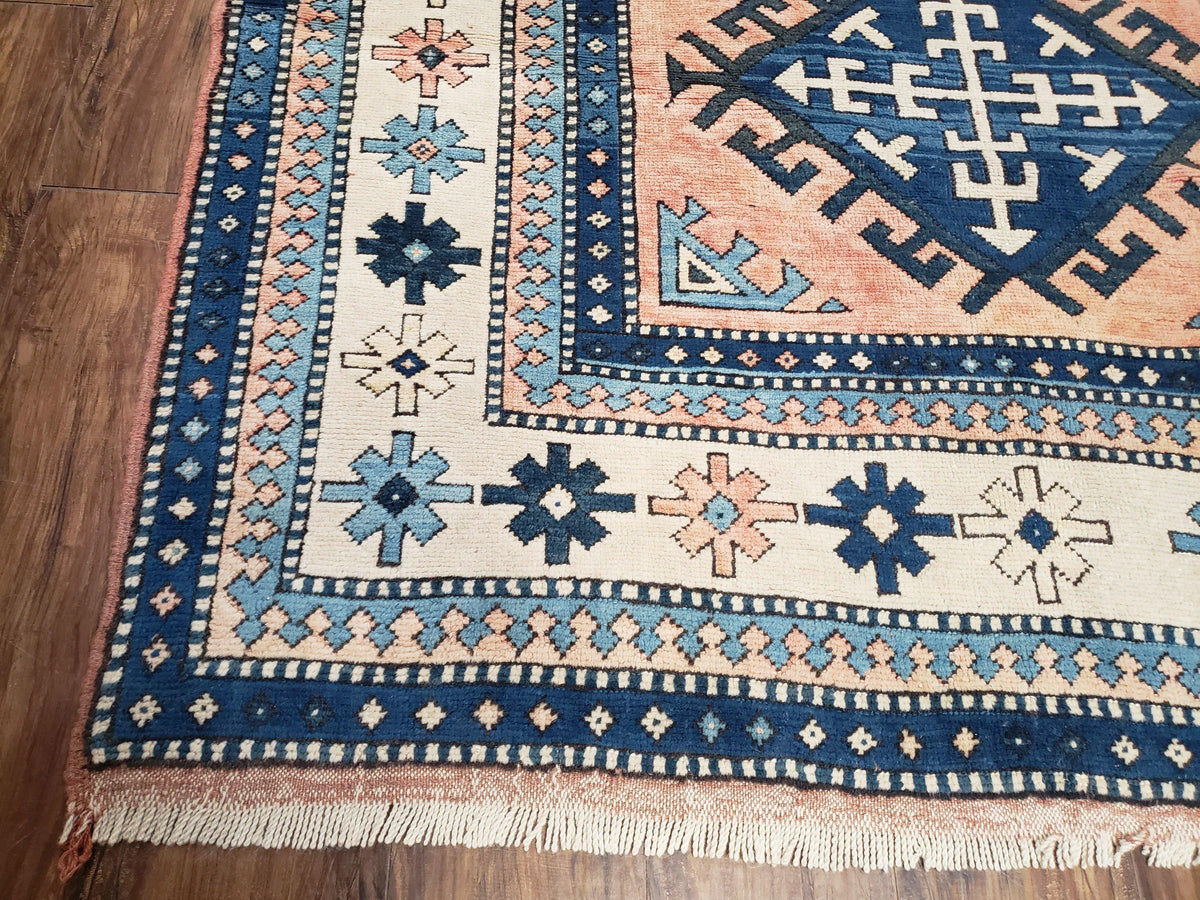 Turkish Kazak Rug 5x8 ft, Bold Geometric Bohemian Carpet, Blue and Ivory Hand Knotted Area Rug, Medium Sized High Quality Wool Oriental Rug - Jewel Rugs, view 9