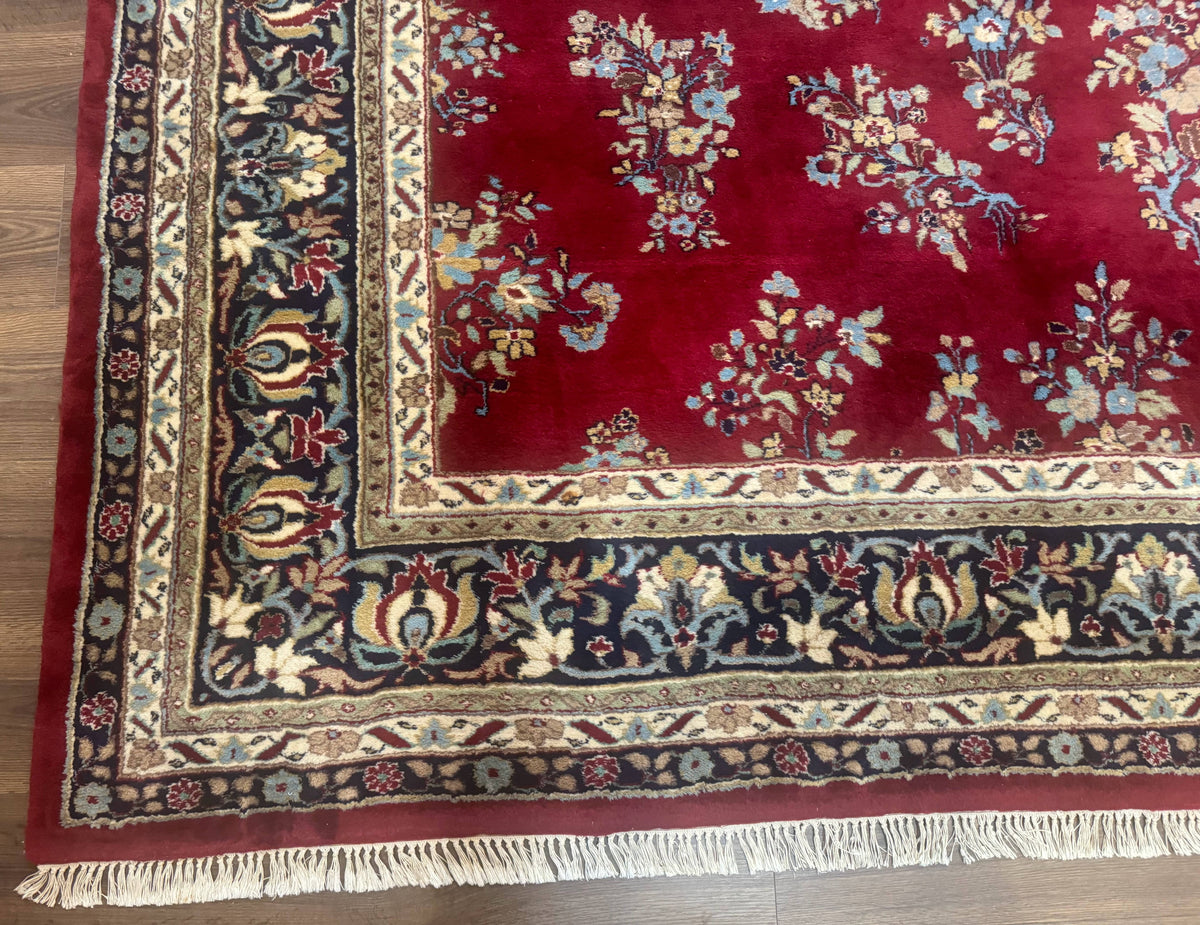 Indo Persian Sarouk Rug 10x14, Large Red and Navy Blue Carpet, Traditional Floral Wool Rug - Jewel Rugs, view 9