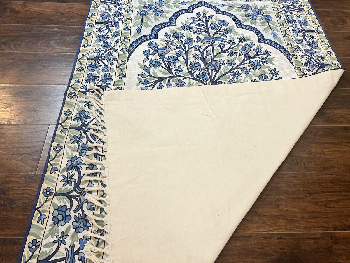 Tree of Life Indian Hand Stitched Rug 4x6, Indian Wall Hanging Rug, Ivory Blue, Silk on Cotton, Vintage - Jewel Rugs, view 11