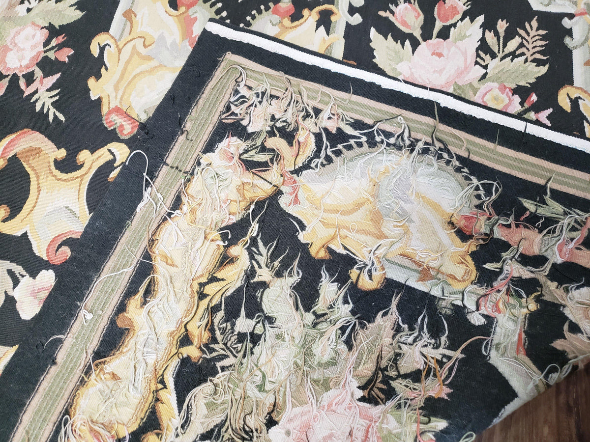 Vintage Black Aubusson Area Rug 8x10, Large Flowers Chinese Aubusson Carpet 7.9 x 10, Wool Hand-Knotted Floral Pattern Flat Weave Rug Nice - Jewel Rugs, view 11