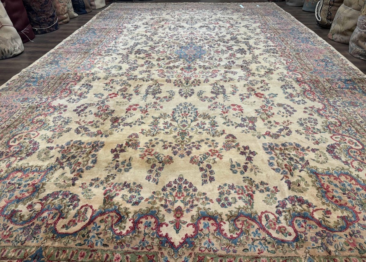 Palace Size Persian Kerman Rug 11x20 ft, Very Fine 340 KPSI, Vintage Oversized Wool Handmade Large Persian Carpet, Beige Light Blue Pink - Jewel Rugs