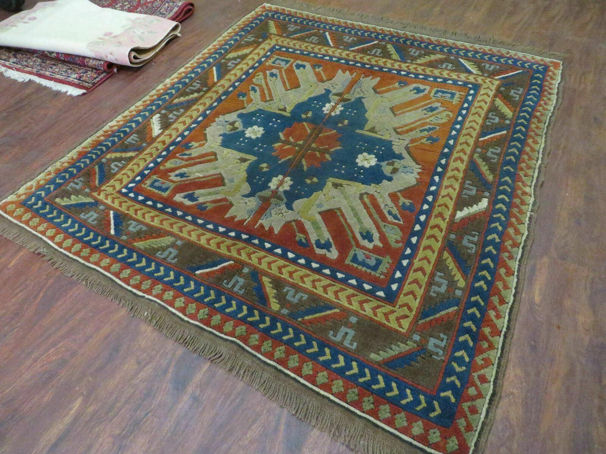 5' X 5.5' Vintage Handmade Turkish Kazak Colorful Wool Square Rug Carpet Bohemian Boho Vintage Interior Home Design - Jewel Rugs, view 2