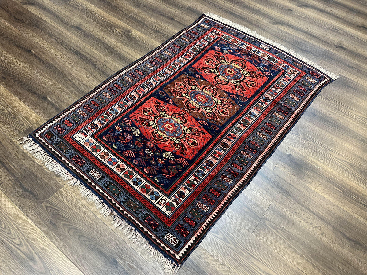 Antique Caucasian Seychour Rug 3.7 x 5.5, Collectible Oriental Carpet, Navy Blue and Red, Fine Kuba Rug, Vintage Rug, Wool Hand Knotted Rug - Jewel Rugs, view 3