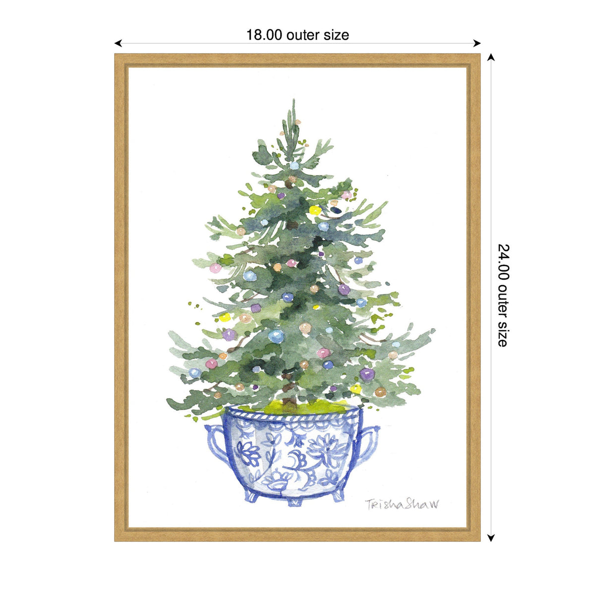 Sylvie Framed Canvas Traditional Christmas Tree In Blue Chinoiserie Pot by Patricia Shaw