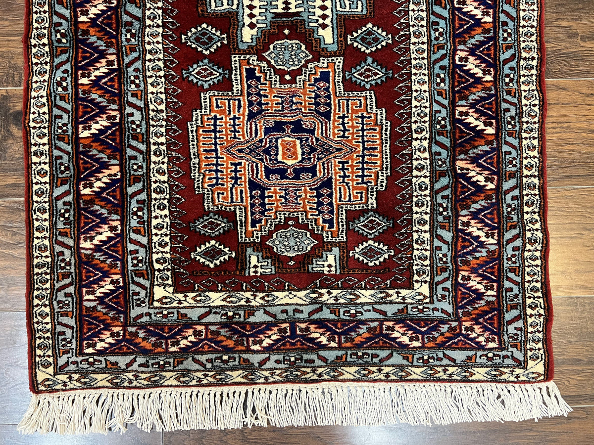 Pakistani Rug 3x5 ft, Caucasian Kazak Design, Geometric Rug, Small Vintage Oriental Carpet, Dark Red Vintage Handmade Wool Rug 3 x 5 - Jewel Rugs, view 6