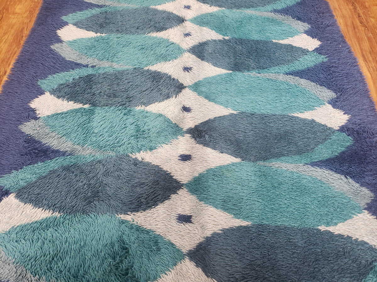 Blue Rya Rug, 1960s Mid-Century Modern Danish Shag Rug 4'6" x 6'7", Ege Rya, Abstract - Jewel Rugs, view 5