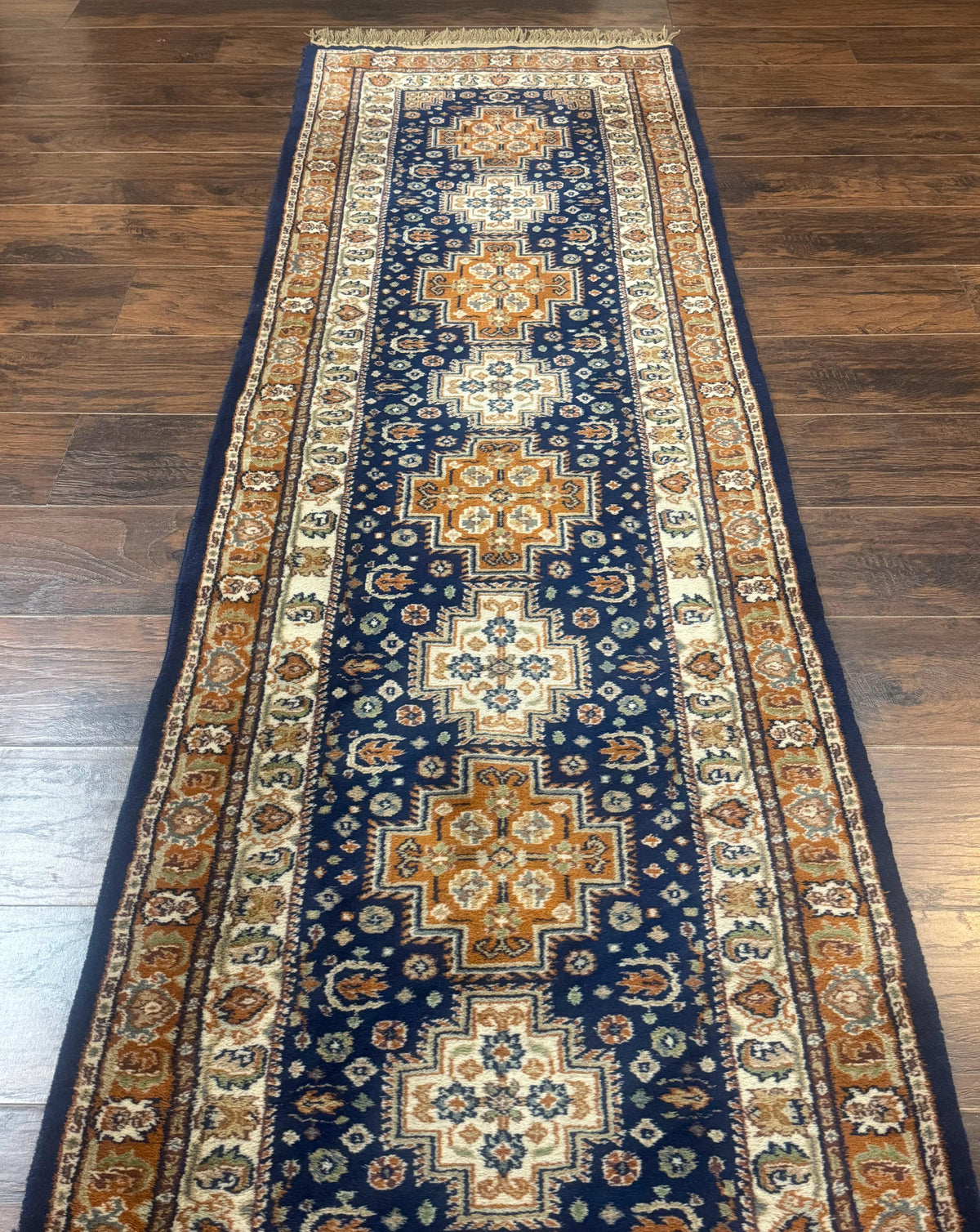 Indo Persian Runner Rug 2.6 x 12.7, Indian Kashmiri Runner for Hallway or Kitchen, Navy Blue, Geometric Medallions, Handmade Wool - Jewel Rugs, view 3