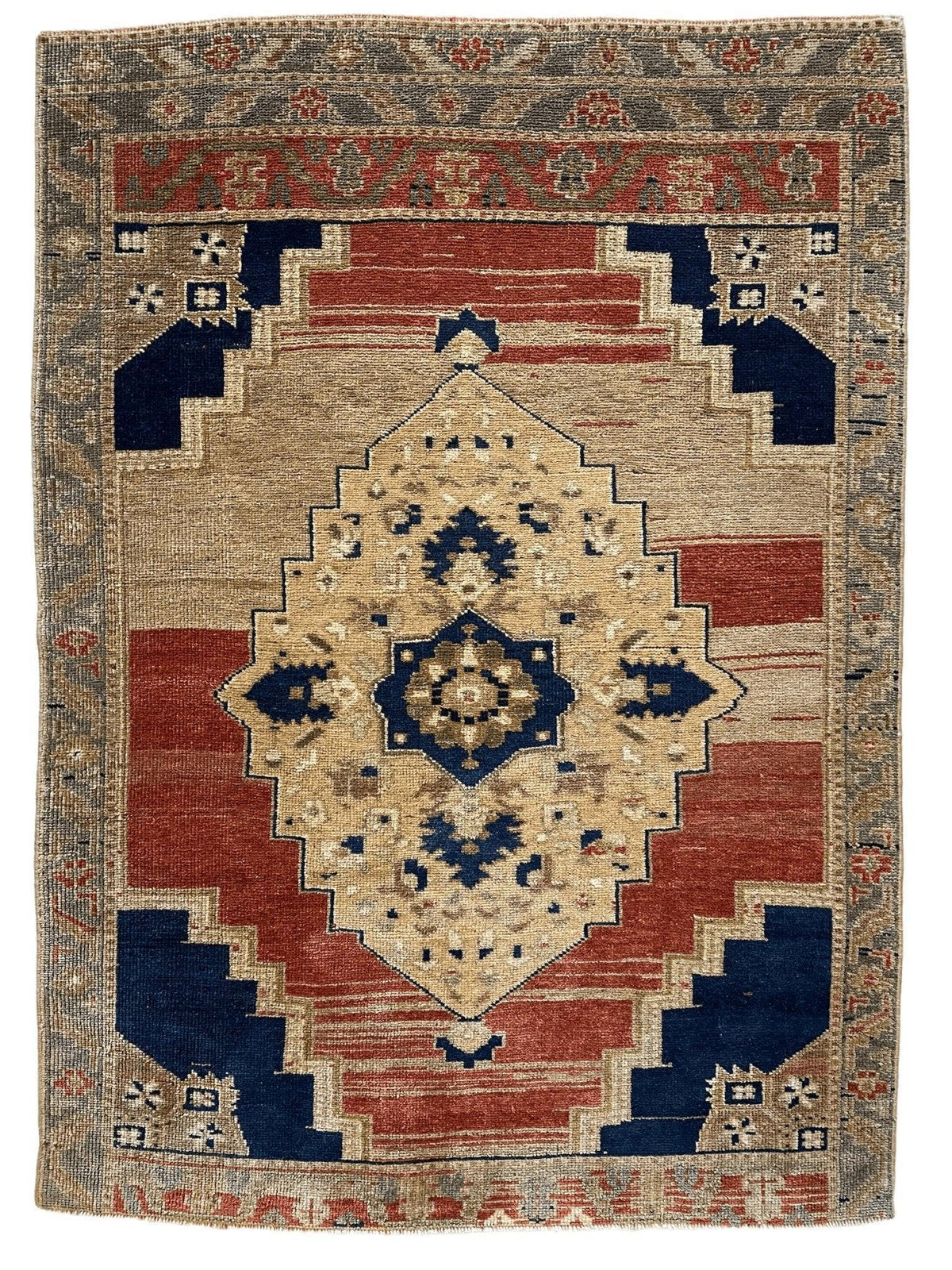 Vintage Turkish Oushak Rug 4x5 | Rust, Beige & Navy | Hand-Knotted Wool - Rugistan